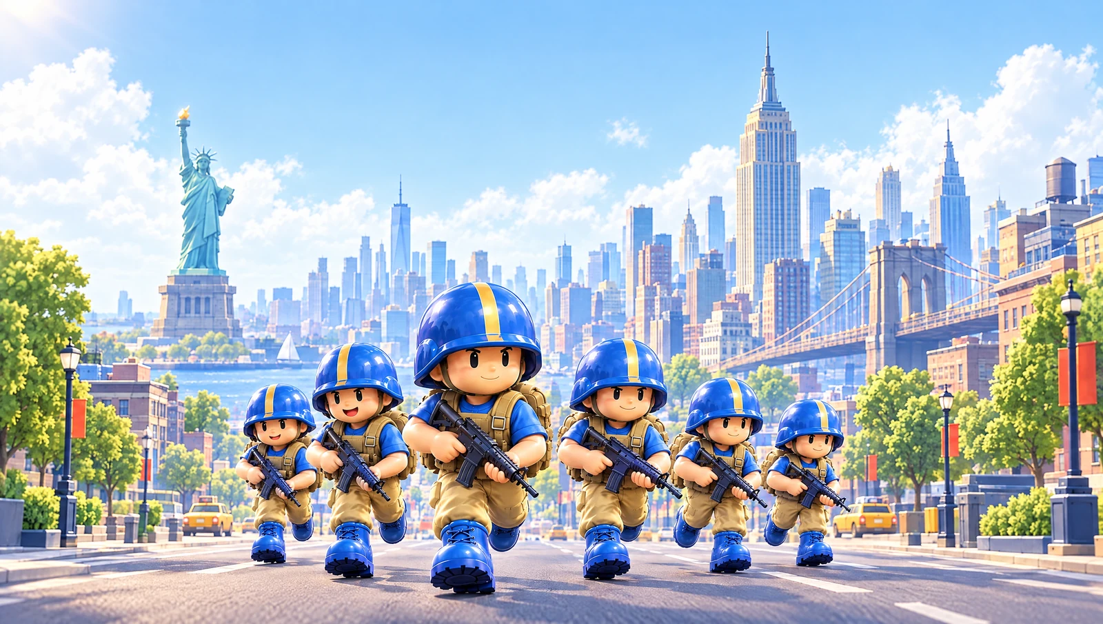 Toy soldiers advance through a playful New York cityscape.